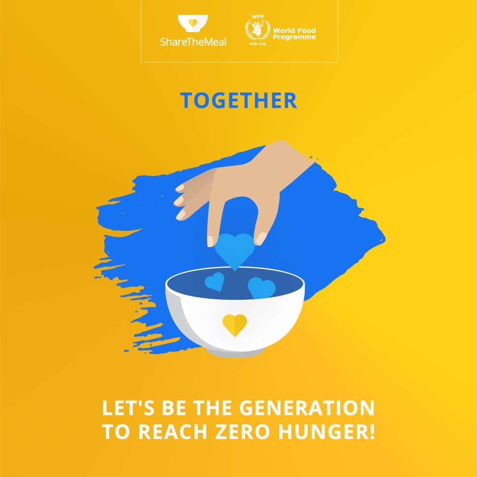 An illustration of a hand pulling hearts out of a bowl, with the text: Let's be the generation to reach Zero Hunger