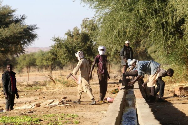 Männer in WFP-FFA Programmen bauen einen Wasserkanal