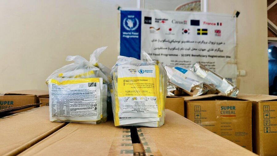 Packages of WFP's specialized nutritional products on tops of boxes. Photo: WFP/Ziauddin Safi