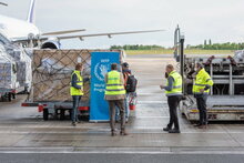 Photos: Pixel Prod, A WFP-contracted Boeing 757 cargo flight being prepared to depart the newly-established Global Humanitarian Response Hub in Liège, Belgium carrying almost 16 mt of medical cargo and personal protective equipment such as masks and gloves on behalf of UNICEF and ICRC destined for Burkina Faso and Ghana.